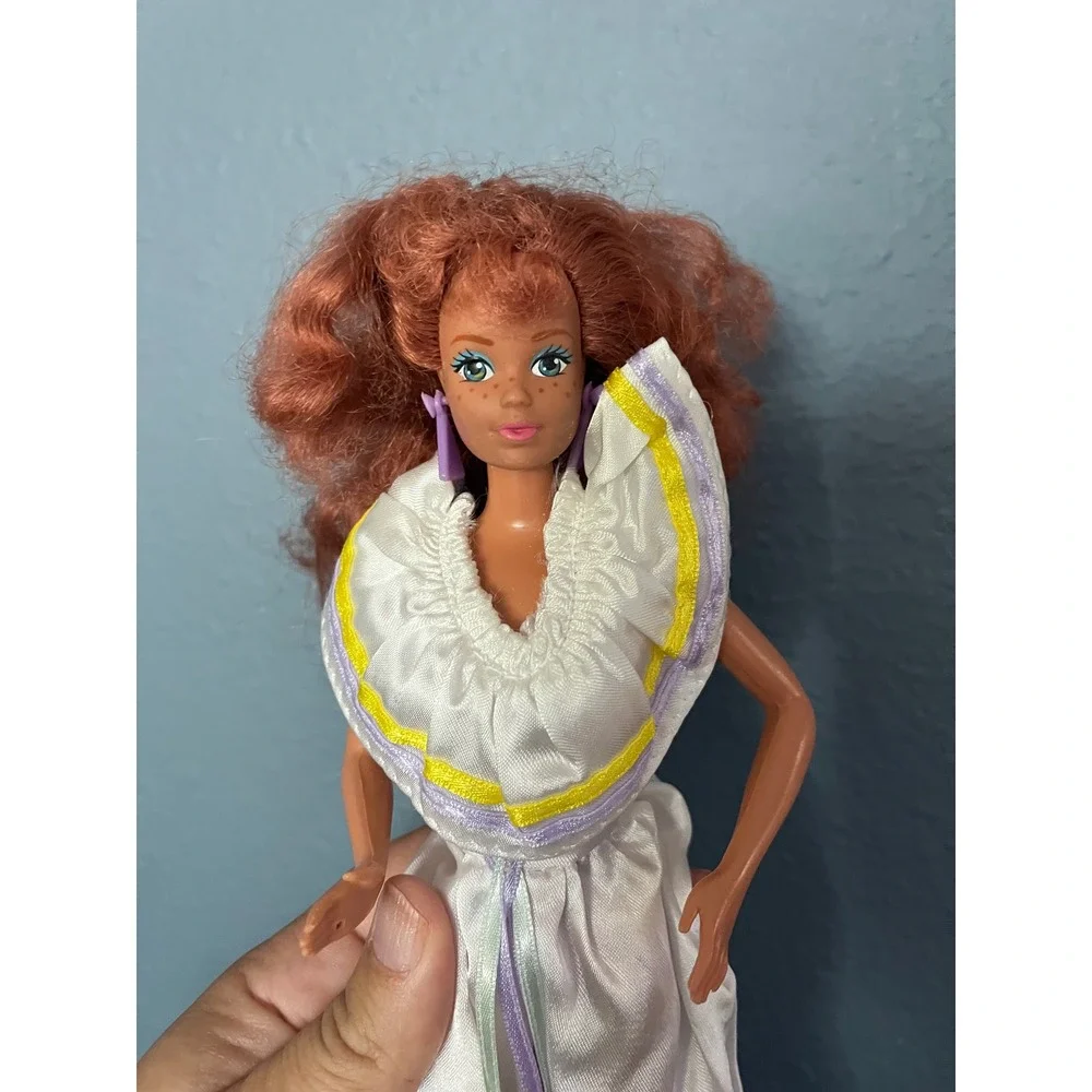 Vintage 1980s Barbie Midge Doll Red Hair Freckles White Gown Purple Earrings